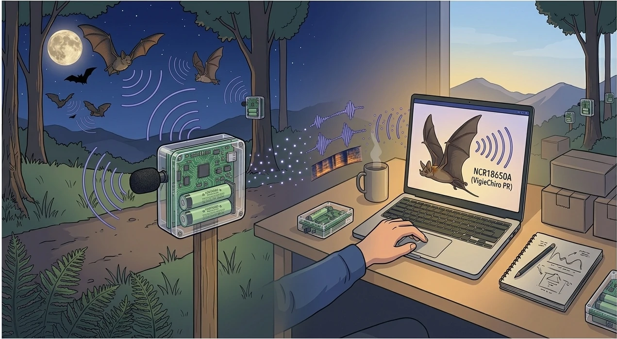 Illustration du pont entre la session d'enregistrement sur le terrain et l'analyse logicielle : à gauche un Passive Recorder sur son piquet en bordure de forêt au crépuscule capte les ondes ultrasonores d'une chauve-souris en vol, à droite un poste de travail intérieur avec un ordinateur portable affichant un sonogramme et des pastilles de verdict, lumière chaude du matin évoquant la session de qualification
